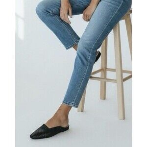 Ann Taylor Renata Woven Mule Flats Black Fringe Trim Square Toe Slip On 9.5M